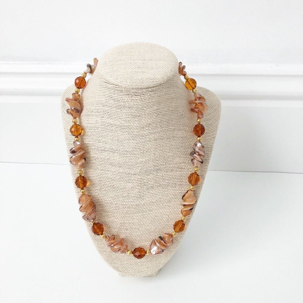 NWT Genunie Murano Glass, Czech Crystal Beads Beaded Necklace Tan Brown